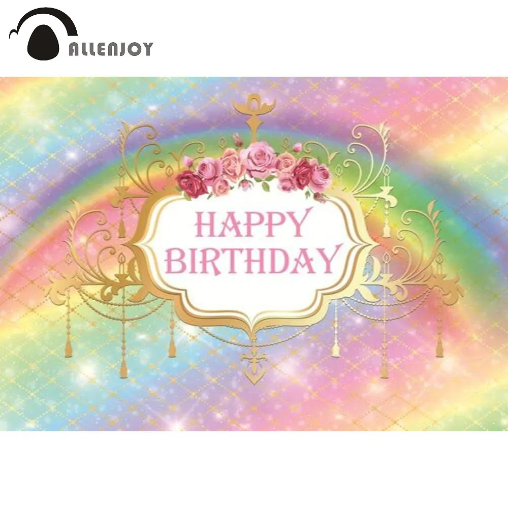 Allenjoy Happy Birthday Colourful Rainbow Party Backdrop Baby Shower Gold Glitter Lattice Lights Banner Flowers Photo Background