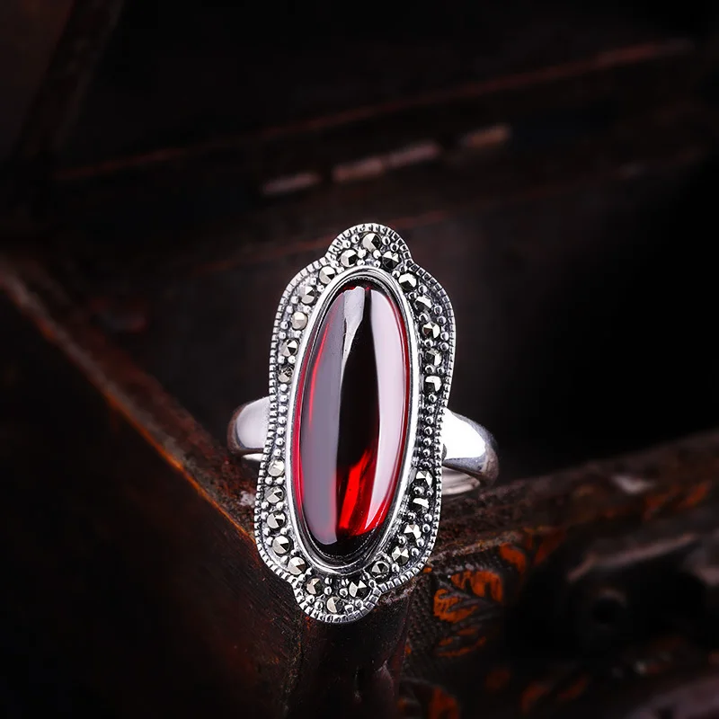

Uglyless Chalcedony Women Gemstones Rings Vintage Thai Silver Irregular Geometric Open Rings 925 Silver Marcasite Exotic Jewelry