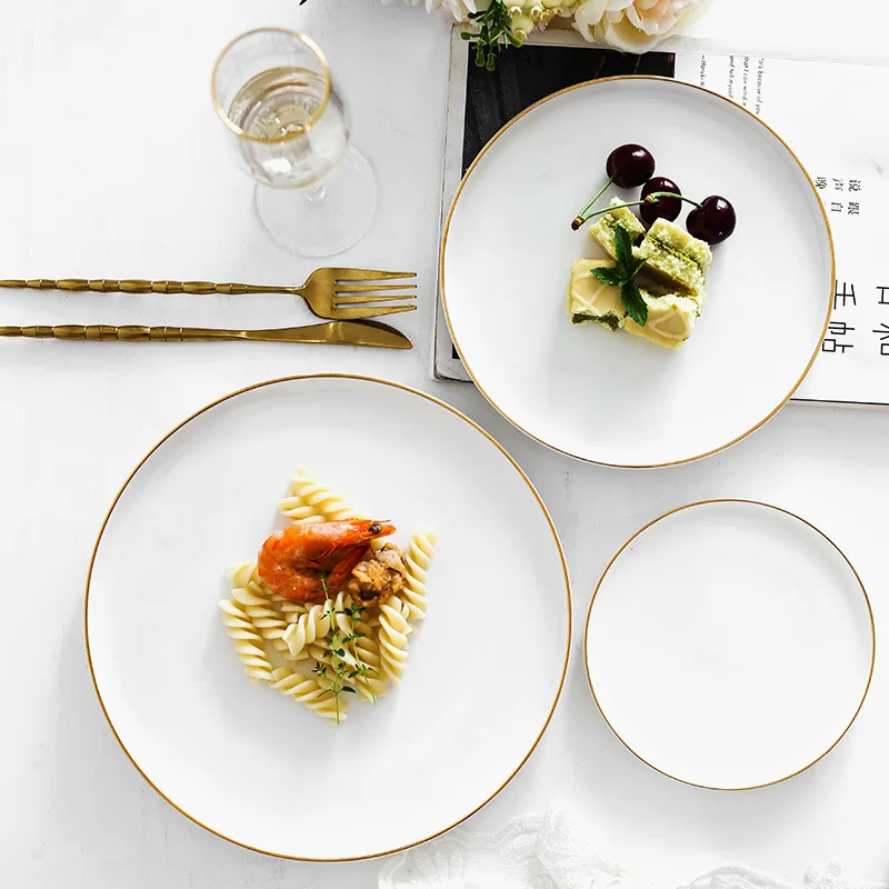 Ceramic Plate Solid Gold Edge Porcelain Glaze Dinner Plate Western Steak Cake Dessert Tray Snack Dishes Plate White Plate Set