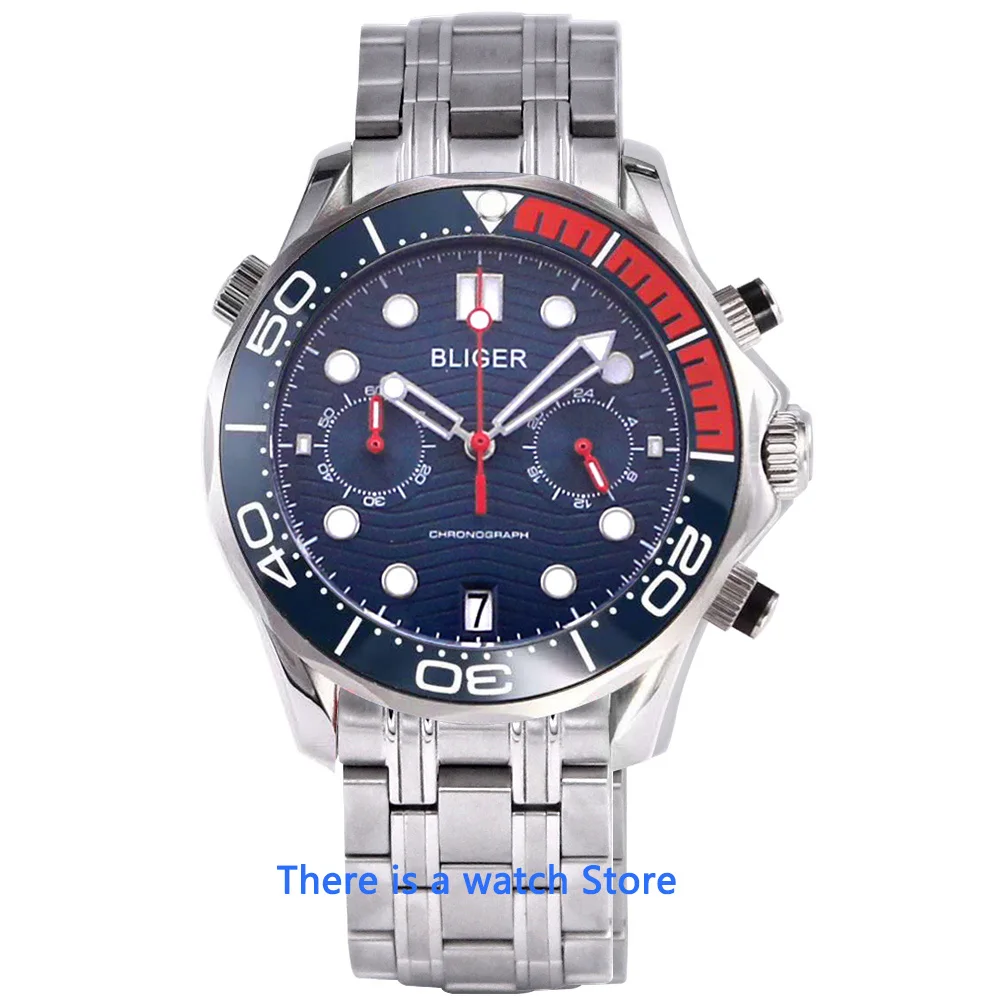 Bliger 41mm Watch Men VK Quartz Sapphire Glass Luminous Waterproof Date Sport Chronograph Function Wristwatch Men