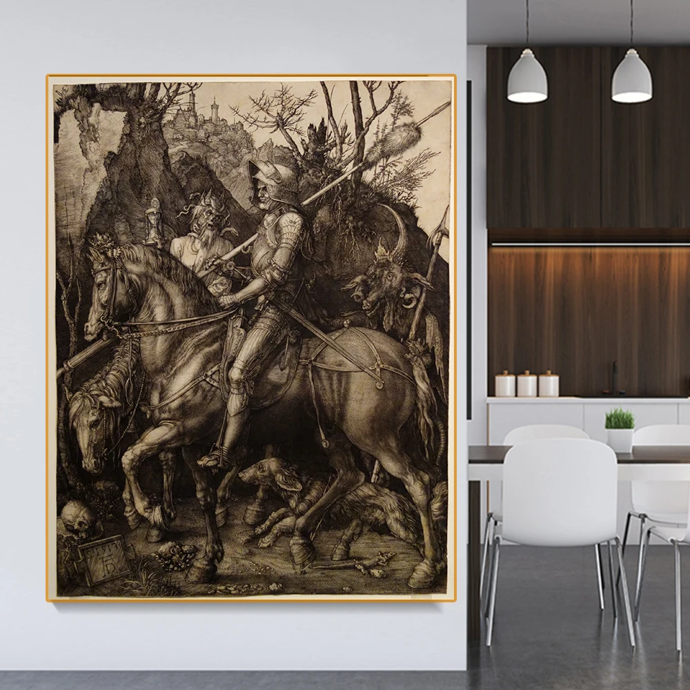 Citon Canvas Albrecht Durer《The Knight, Death And The Devil》Art Oil painting Artwork Picture Modern Wall decor Home Decoration