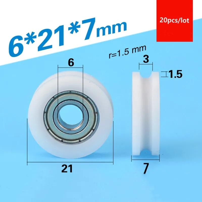 

20pcs U groove Plastic coated bearing 696ZZ 6*21*7mm POM roller door window wheel nylon wrapped pulley Bore 6mm Diameter 21mm