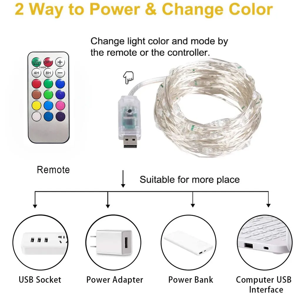 Remote Control Color Changing String Lights Copper Wire Timer Waterproof Twinkle Fairy Light for Wedding Party Christmas Decor