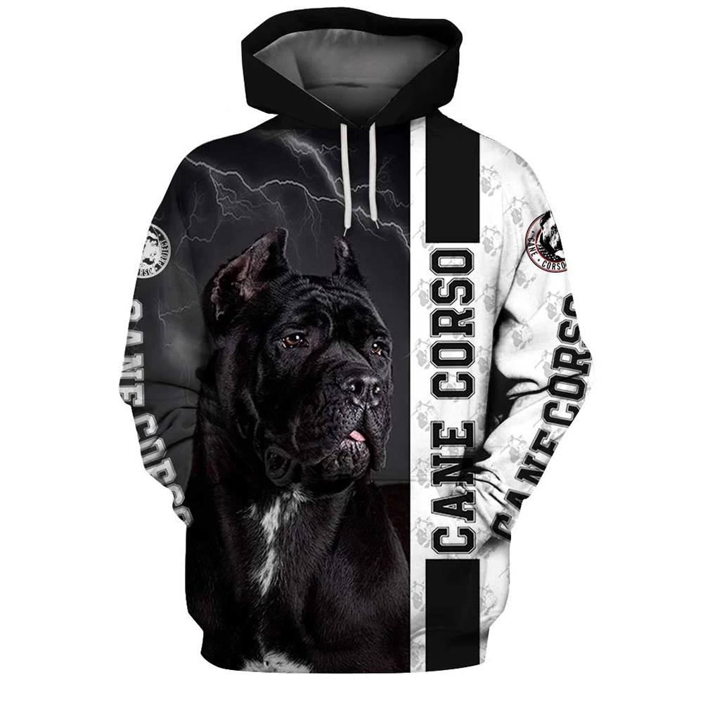 

HX Cane Corso Hoodies Animals 3D Graphic Black Sky Lightning Sweatshirts Splicing Casual Pullover Tops Men Clothing