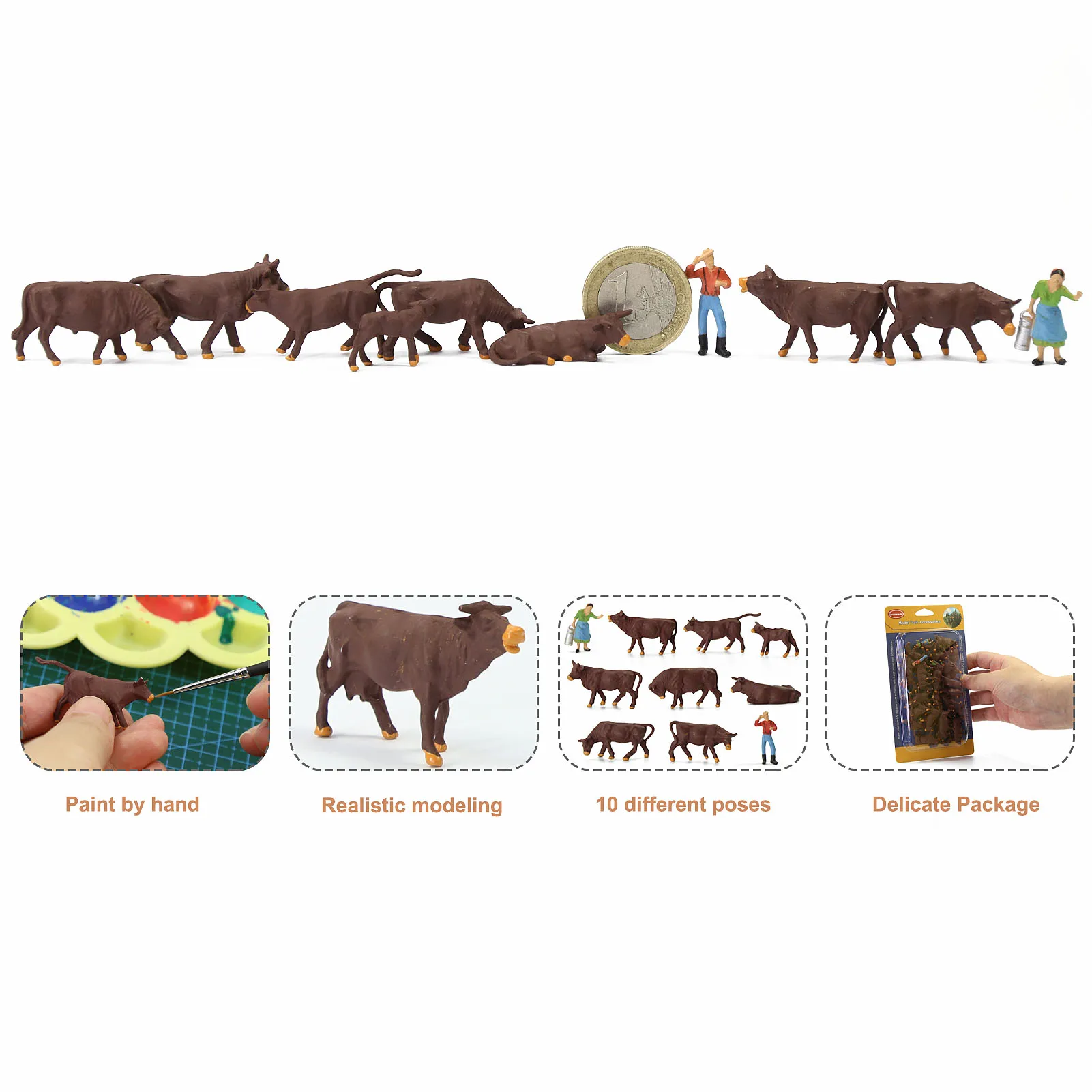 Evemodel AN8721 Model Scene 36pcs HO Scale 1:87 Well Painted Farm Animals Brown Cows Cattle Shepherd