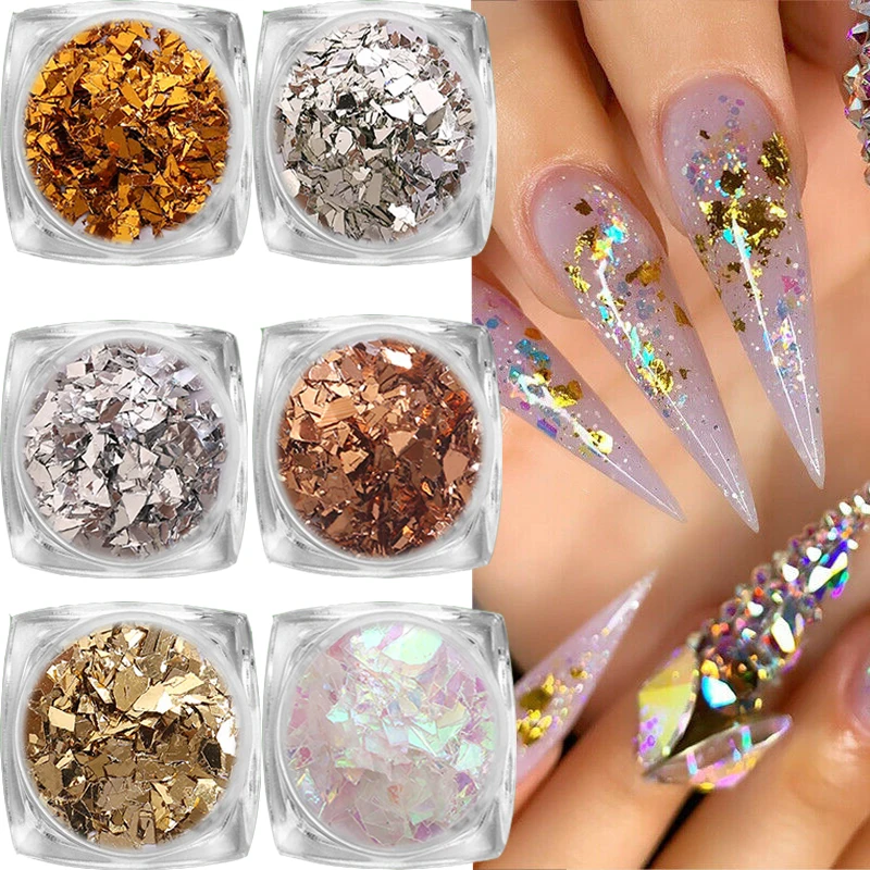 Gold Silver Aluminum Foil Nail Glitter Sequins Nails Art Irregular Candy Cellophane Manicure Sticker Decoration DIY Accessories