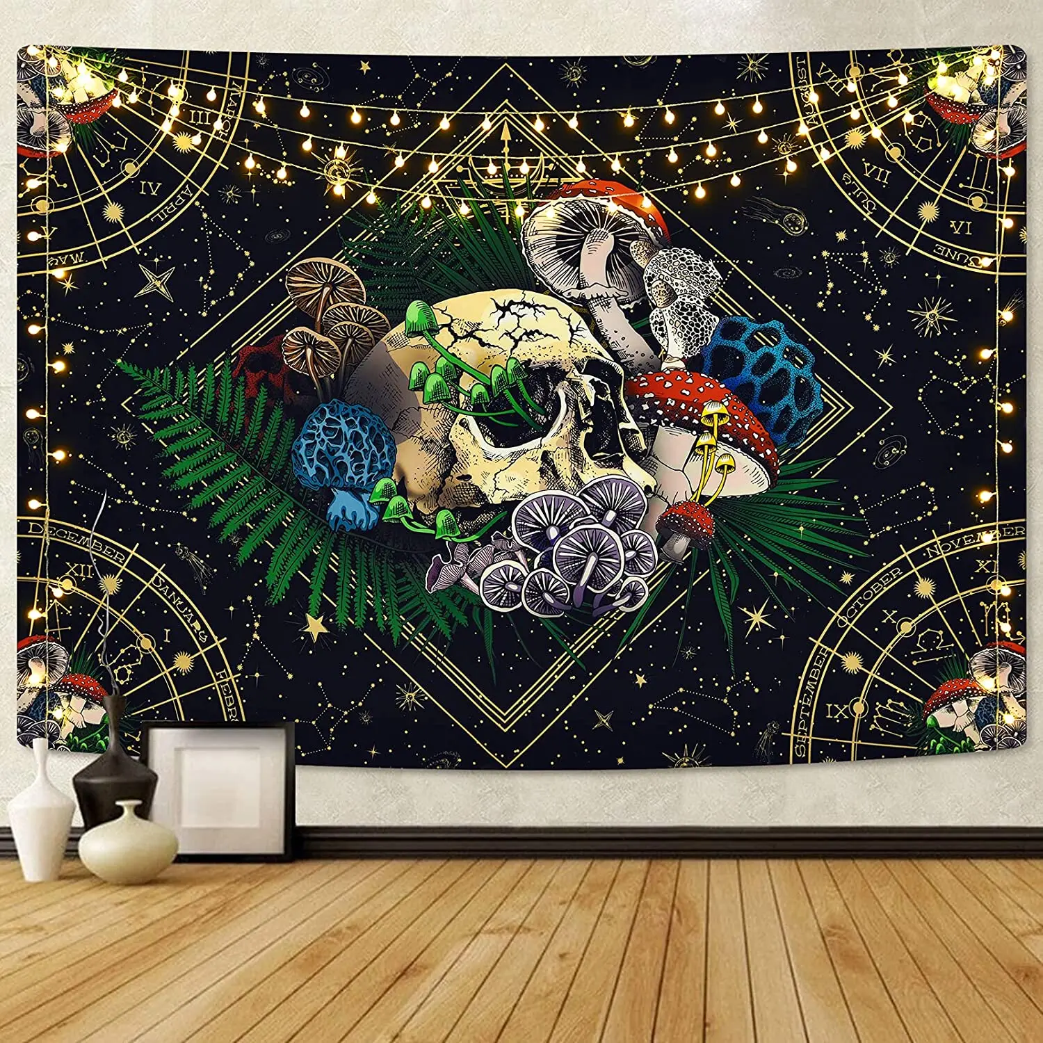 

Skull Colorful Mushroom Tapestry Constellation Black Starry Tapestry Trippy Tarot Tapestry Wall Hanging for Room Decor 230x150cm