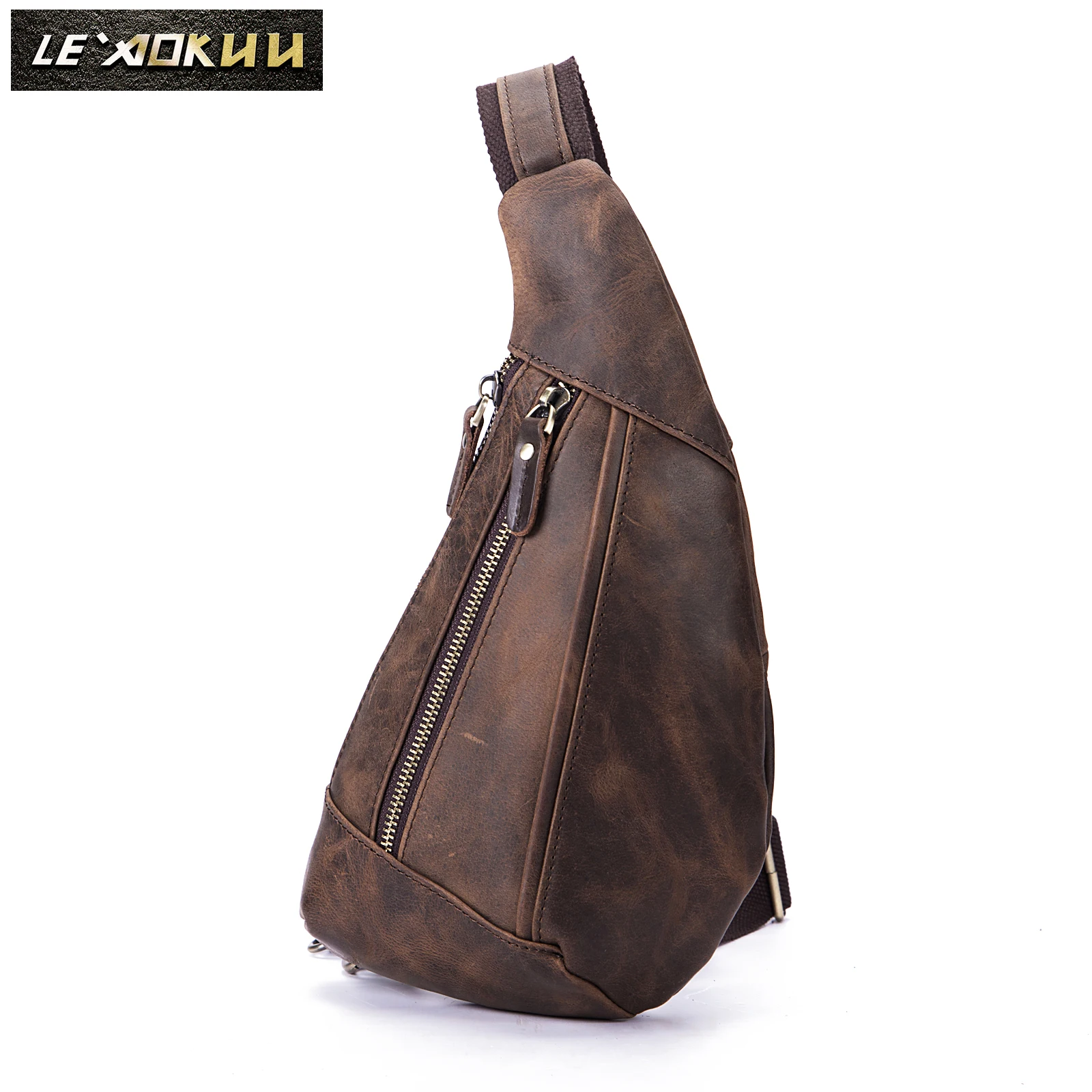 

Quality Mens Original Leather Fashion Tringle Chest Pack Bag Design Male Sling Crossbody One Shoulder Bag Backpack Daypack 8807d