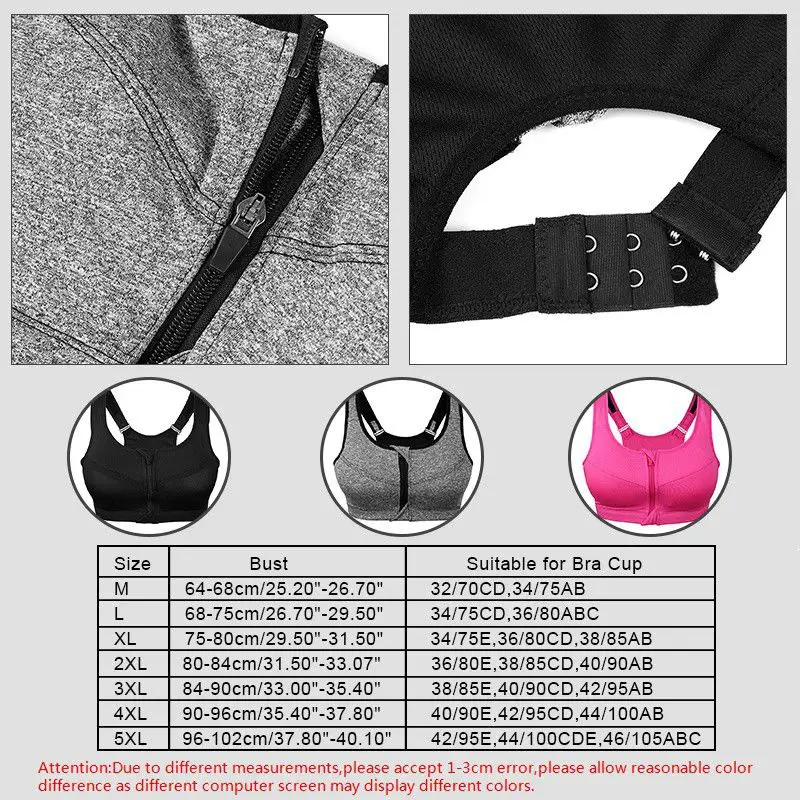 1PC 5XL Women Zipper Push Up Sports Bras Vest Underwear Shockproof Breathable Gym Fitness Athletic Running Sport Tops