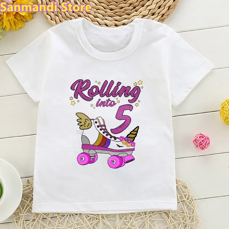 Children'S Clothing Rolling Into 7th Birthday Unicorn Roller Skate Party Graphic Print Tshirt Girls Birthday Gift Tops For Girl