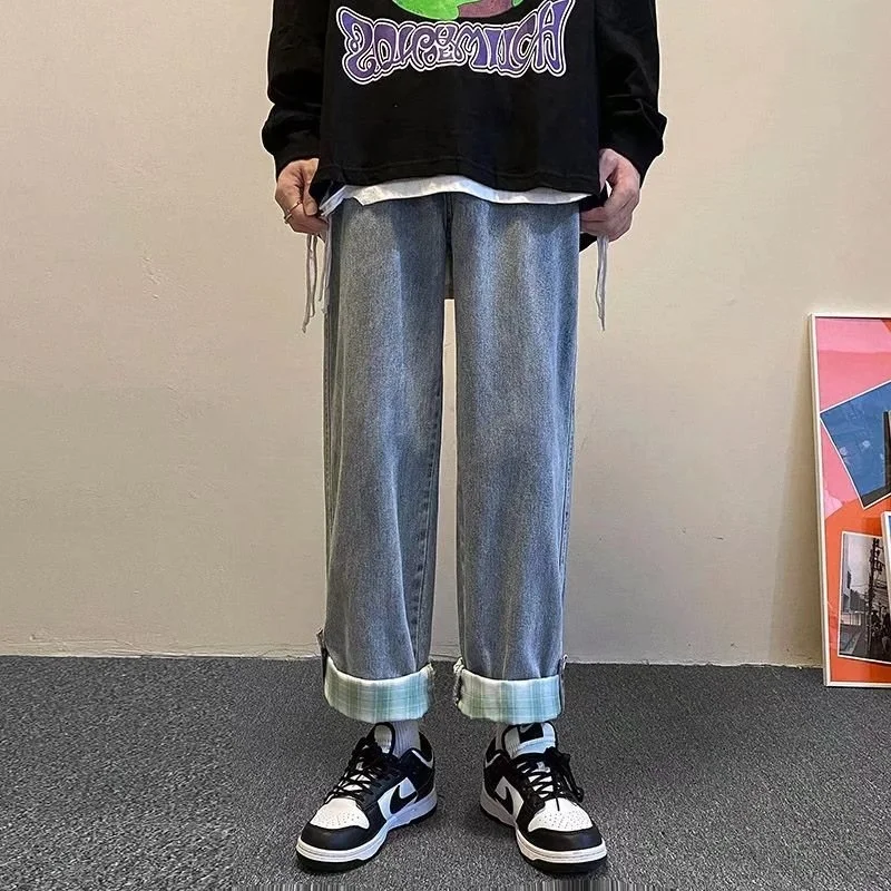 Loose straight jeans men's spring and autumn new fashion brand ins loose and versatile snap buckle Plaid hem nine point pants
