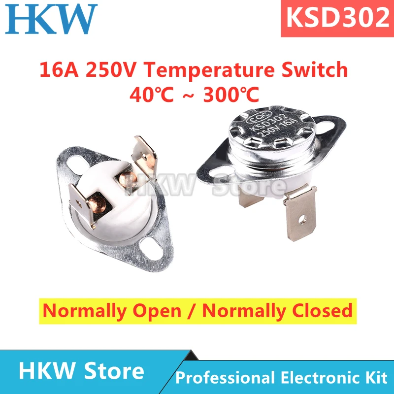 Termostato bimetálico KSD302 KSD301, interruptor de temperatura de cerámica, 16A, 250V, 40 ~ 300C, 45C, 100C, 160C, 135C, 110C, 50C, 1 pieza