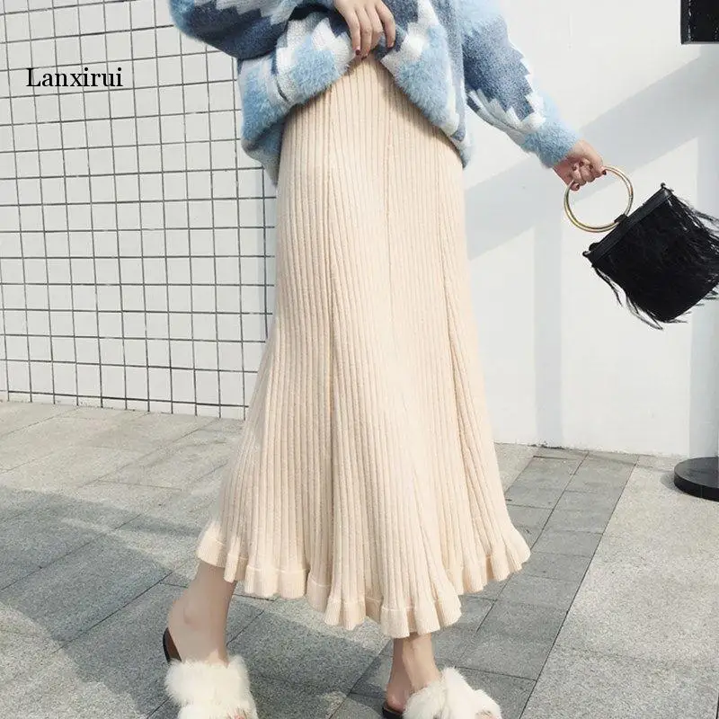 Autumn Winter New Female High Waisted Warm Knitted Skirt Women A-Line Pleated Skirts Maxi Long Casual Sweater Skirts