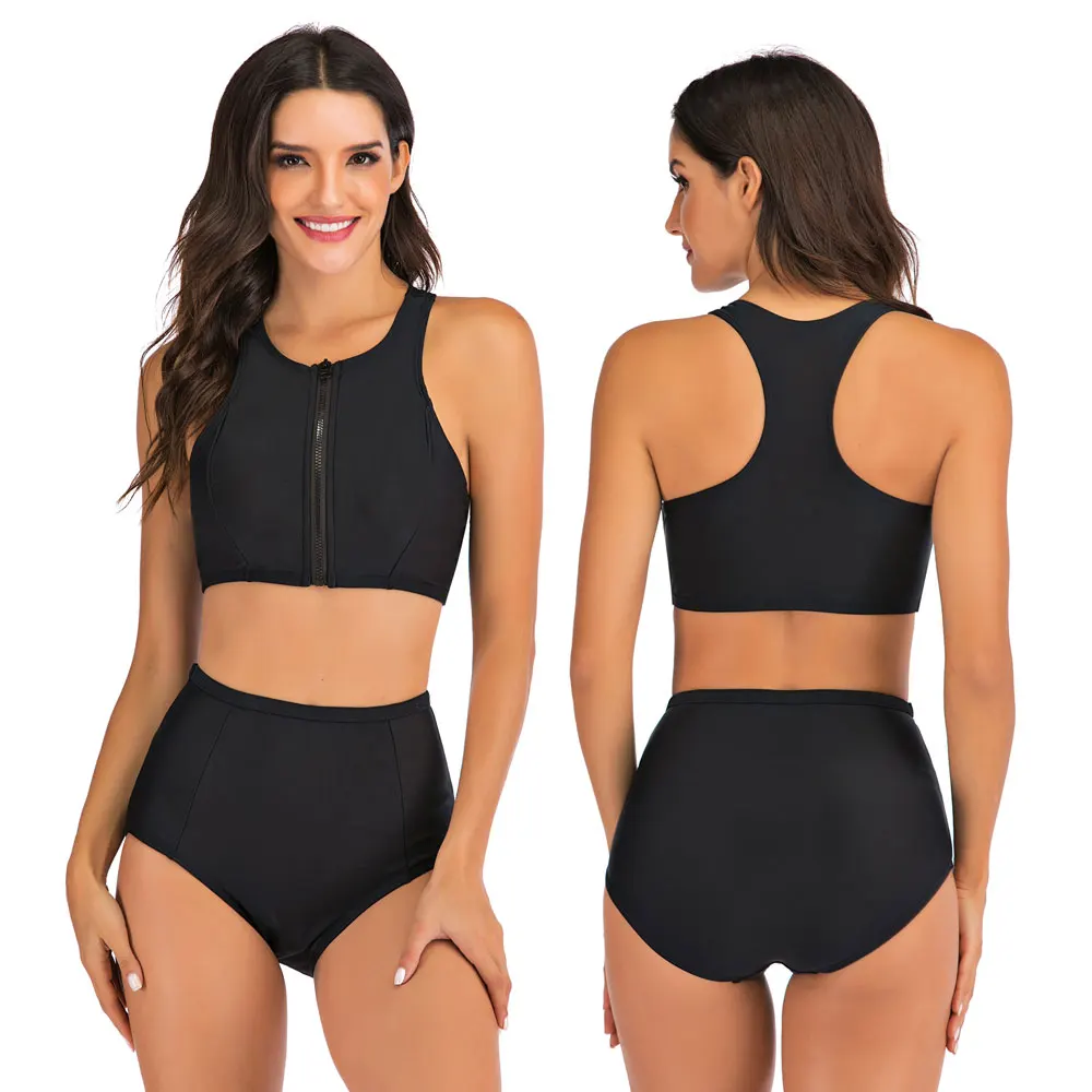 Womens Zip Front High Cut High Waist Bikini Set Racerback Sport Two Piece Swimsuits Bathing Suit Tummy Control Swimwear