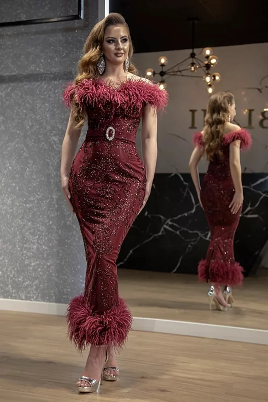 Demure Burgundy Feather Mermaid Prom Dresses Ankle Length Lace Beaded Party Dresses Celebrity Sukienki Marokkanische Kleider