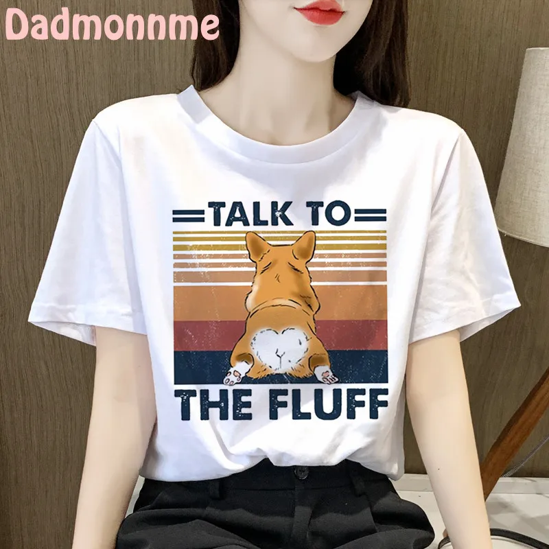 Retro Dog Talk To the Fluff Print Goth Clothing Women T Shirt Aesthetics Graphic White Short Sleeve Polyester Women's T Shirt