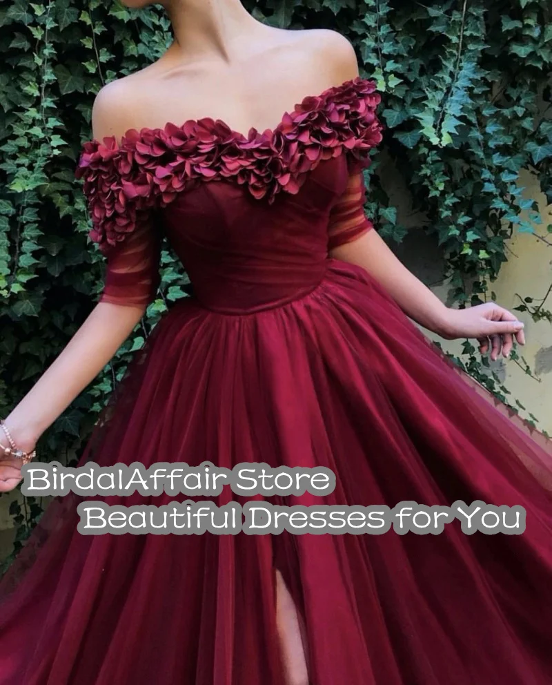 BridalAffair Exquisite Burgundy Tulle Prom Dress Off the Shoulder A Line Handmade Flower Floor Length Party Evening Gown