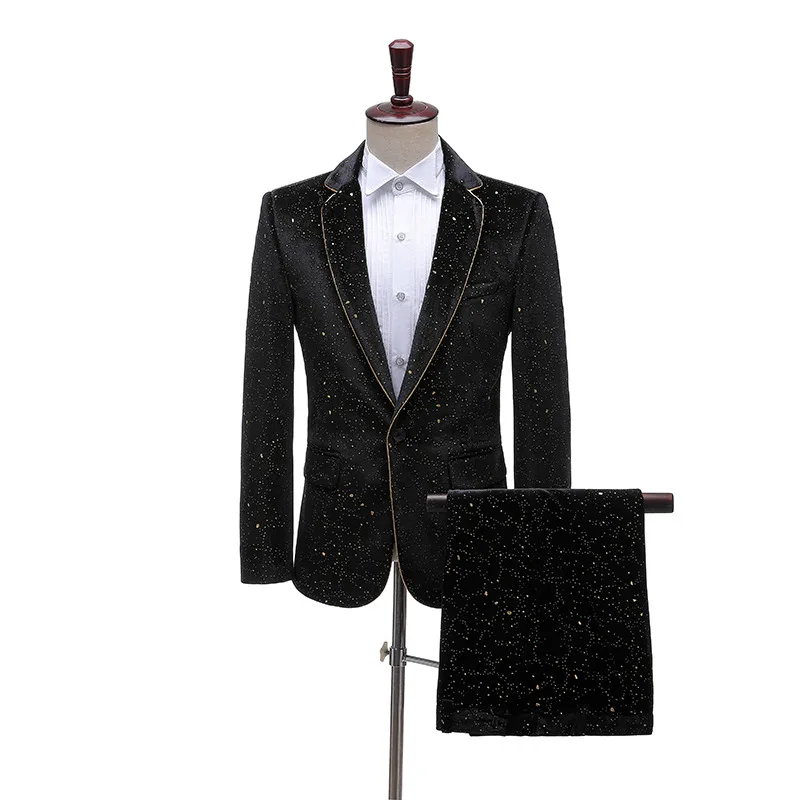 

Luxury Bronzing Velvet 2 Piece Suit (Jacket+Pants) Set Men Shiny Party Dress Suit Men Dinner Stage Singer Show Tuxedo Suit Male