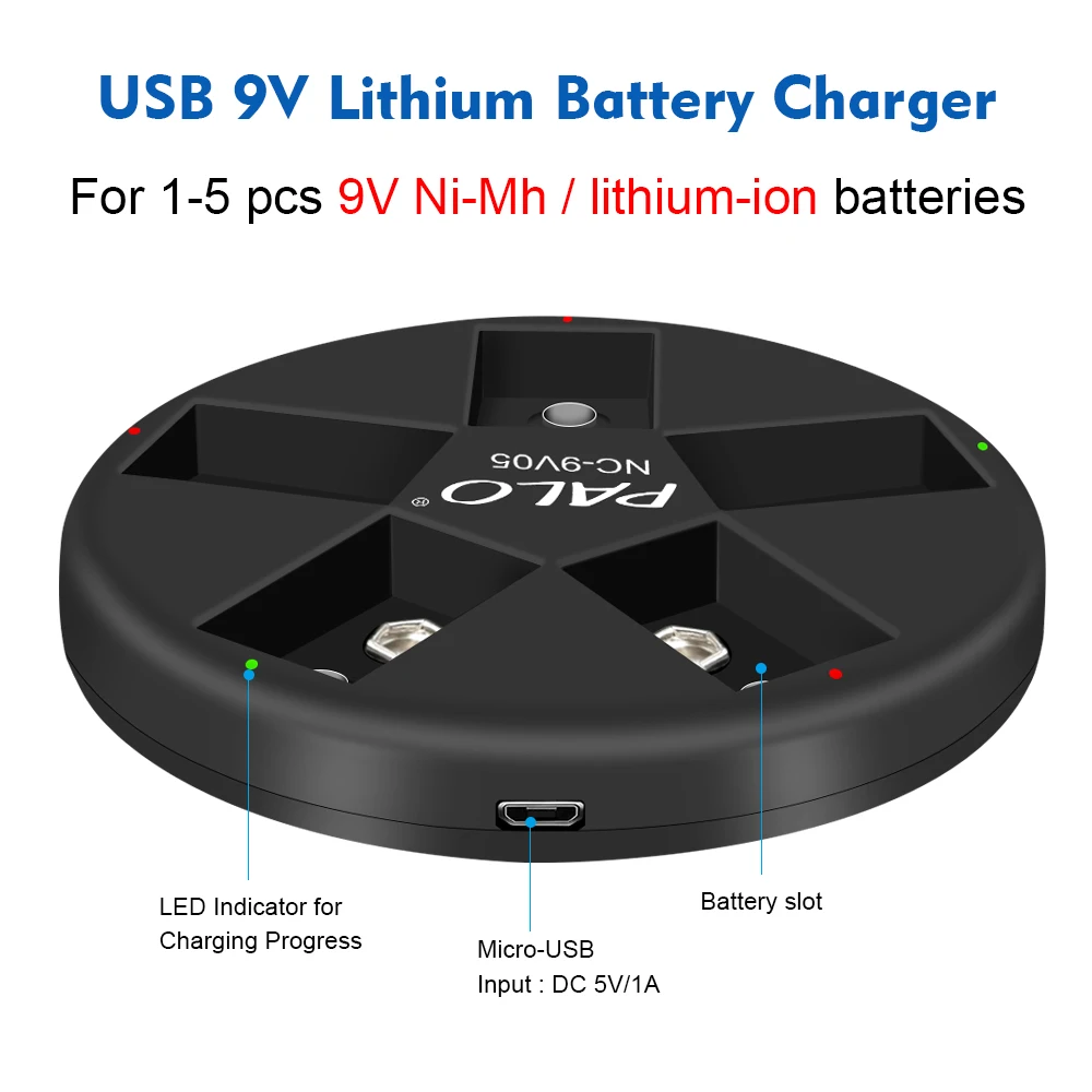 Ładowarka PALO 9V ładowarka USB 9V do akumulatorów litowo-jonowych 9V 6F22 Ni-MH, 5 gniazd inteligentna ładowarka indywidualna