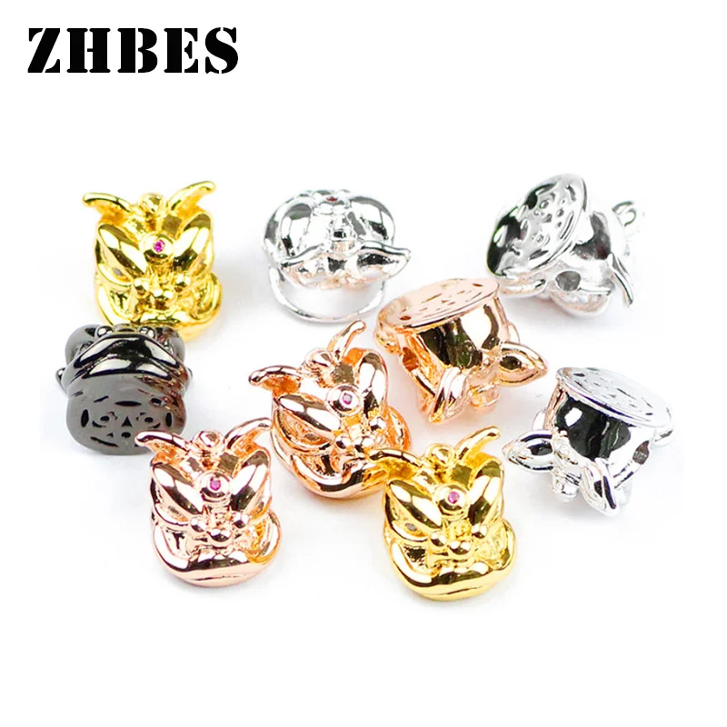 ZHBES 4PCS Metal Lion Dance head Pendant Copper Ball Spacers Loose Beads For Jewelry DIY making Bracelet Animal Accessories