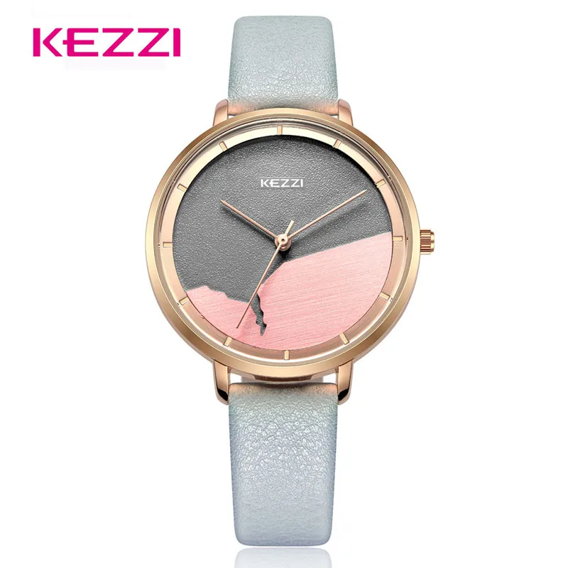 

KEZZI Men Wristwatch Creative Quartz Watch Women Fashion Waterproof Leather Wristwatch Stitching Texture Dial Watches Reloj