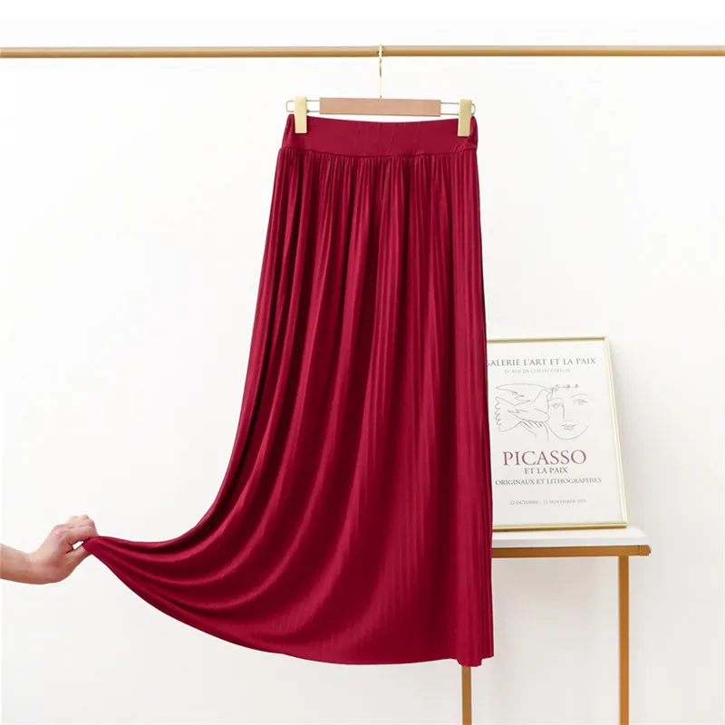 Summer Autumn Women Long Pleated Skirts Elastic High Waist All Match A Line Modal Skirt Female Big Swing Bodycon Maxi Skirt Saia