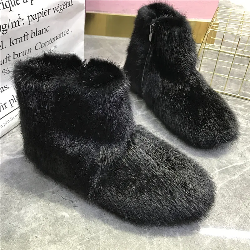 Real Mink Fur Women Snow Boots Black Winter Warm Furry Botas Mujer Casual Ankle Booties Thick Sole Platform Shoes Ladies Flats