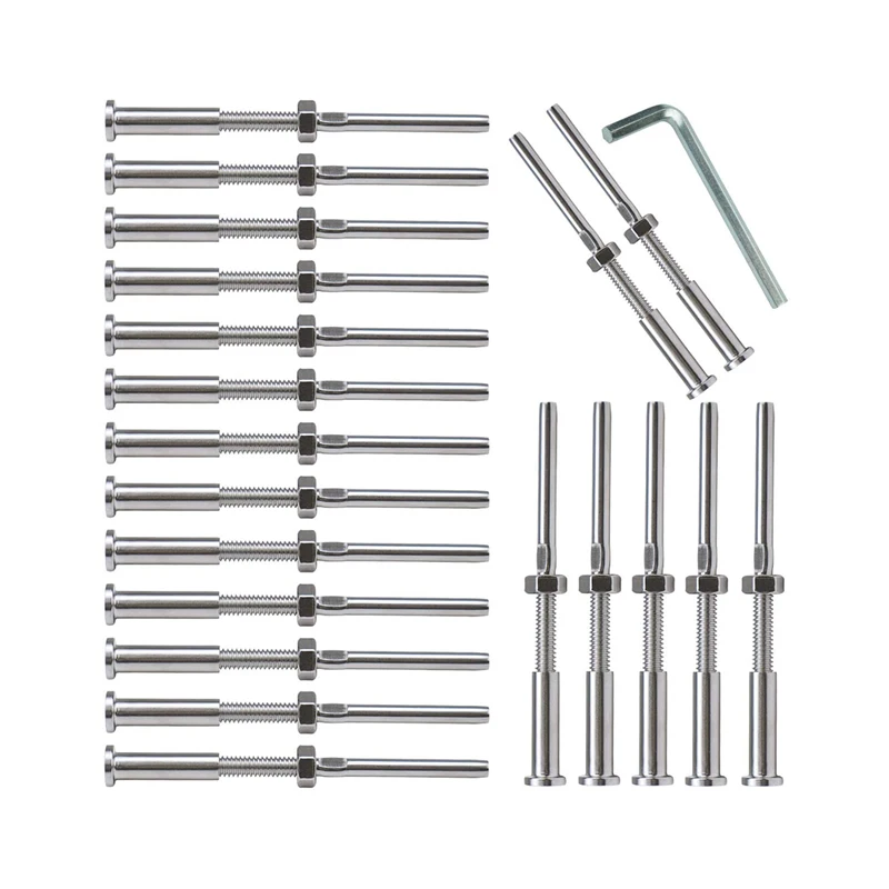 20Pack T316 Stainless Steel Cable Railing Threaded Stud Tensioner Receiver & Flat Head Stemball Terminal for 1/8 Cable