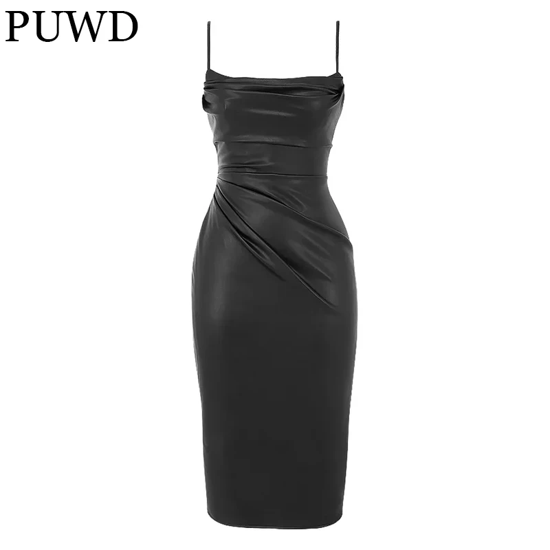 PUWD Sexy Women Faux Leather Pleated Sling Skirt 2021 Autumn Streetwear Solid Zipper Slim Dress Trend Backless Female Chic Dress