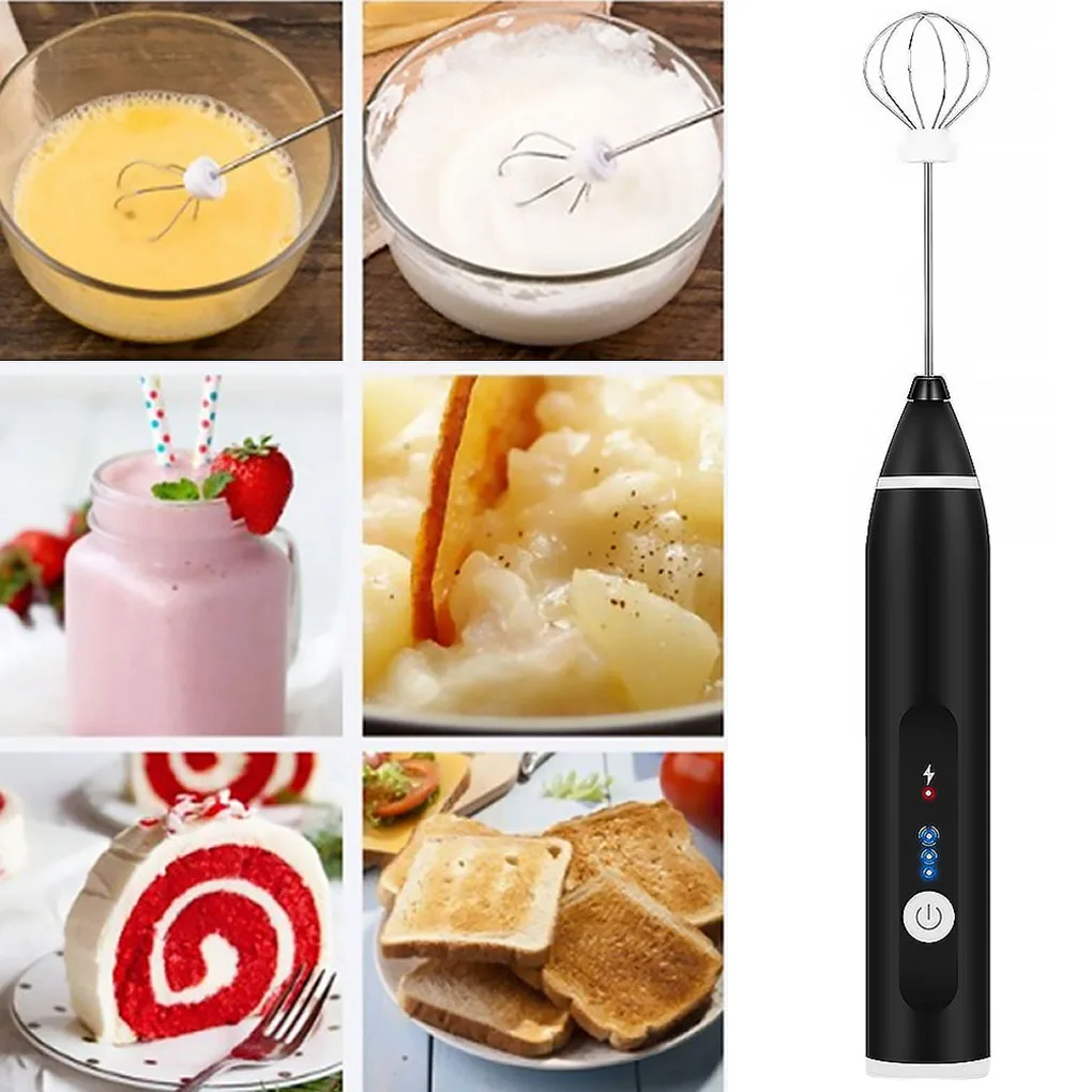 Electric Milk Frother Rechargeable Egg Beater 3 Speed Foam Maker Handheld Whisk Drinks Mixer, White