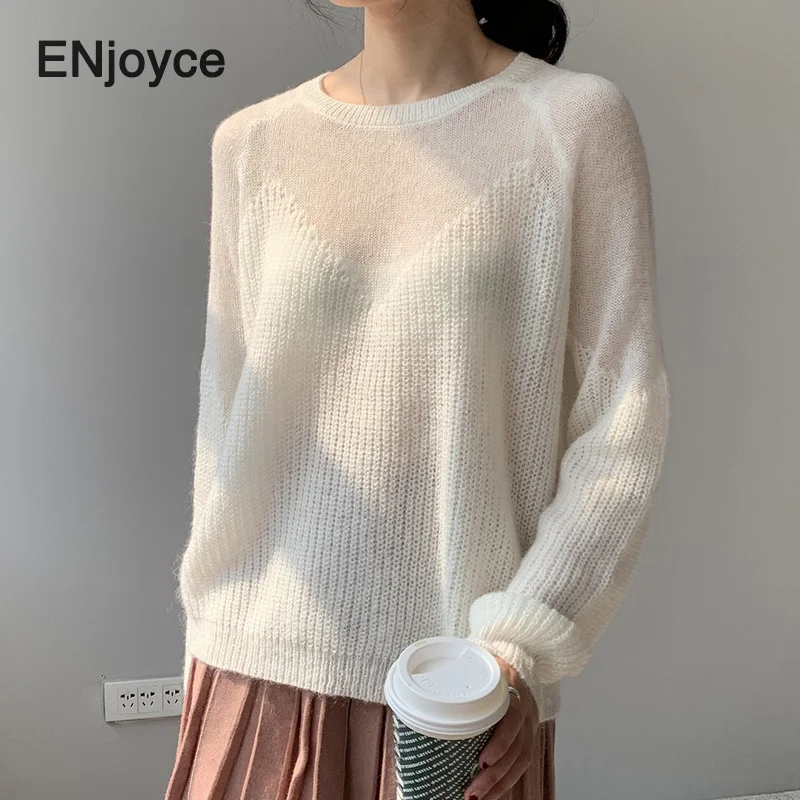 

Spring Autumn Women Solid White Transparent Loose Long Sleeve Thin Sweater Korean Style Fashion Clothing Knitted Tops Clothes