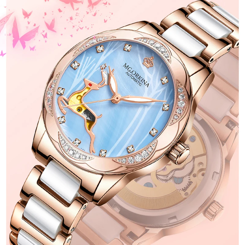 ORKINA Rose White Ladies Watches Top Brand Automatic Mechanical Wristwatch Women Stainless Strap Waterproof Fashion Casual Clock