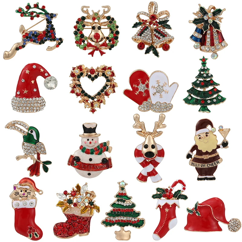 2021 Christmas Brooches Santa Claus Hat Gloves Bells Socks Rhinestone Suit Metal Pins Badges Brooch New Year Gift For Women Men