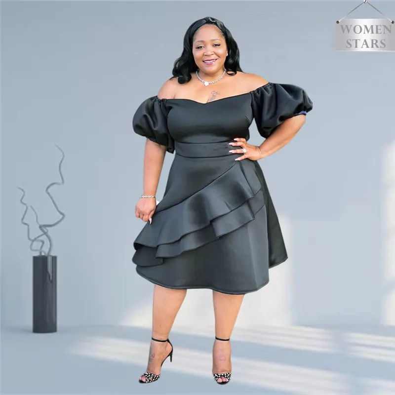 

Plus Size Party Dresses Women Solid Off Shoulder Stretch Sexy Short Sleeve Elegant Birthday Midi Dress Wholesale Dropshipping