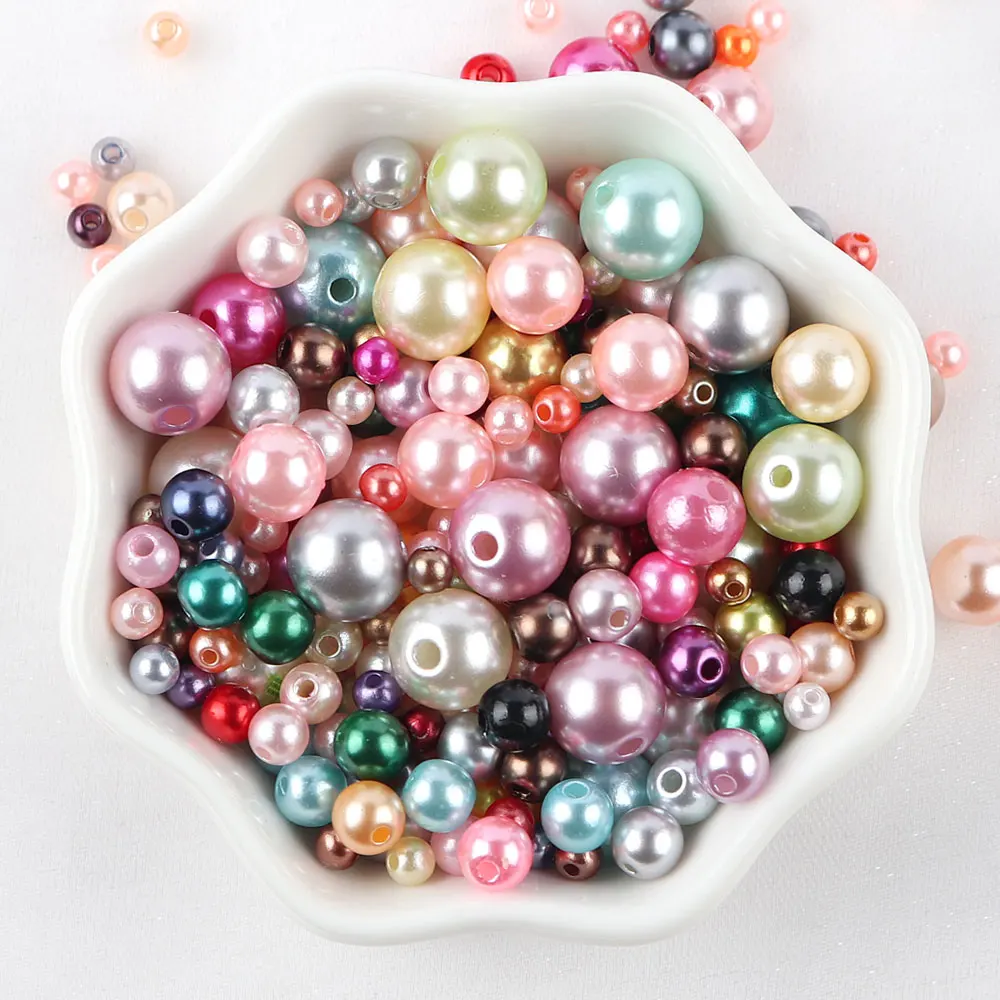 Mix Size 10g With Hole Colorful Pearl Beads Round ABS Imitation Pearl Beads For DIY Jewelry Making Craft Garment Material