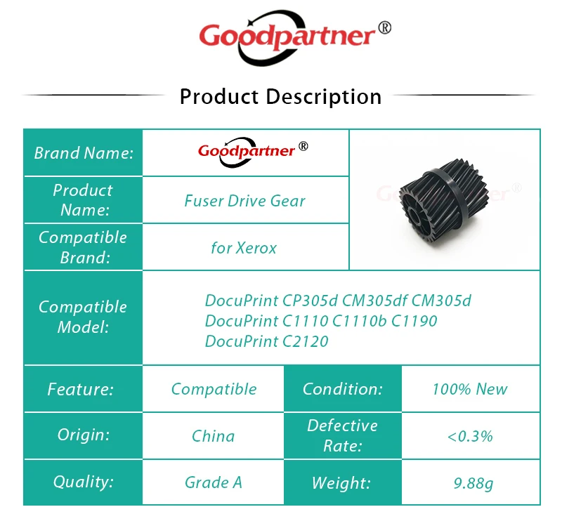 1X EL300822 EL300689 EL300774 Fuser Drive Gear for XEROX DocuPrint CP305 CM305 C1110 C1110b C1190 C2120