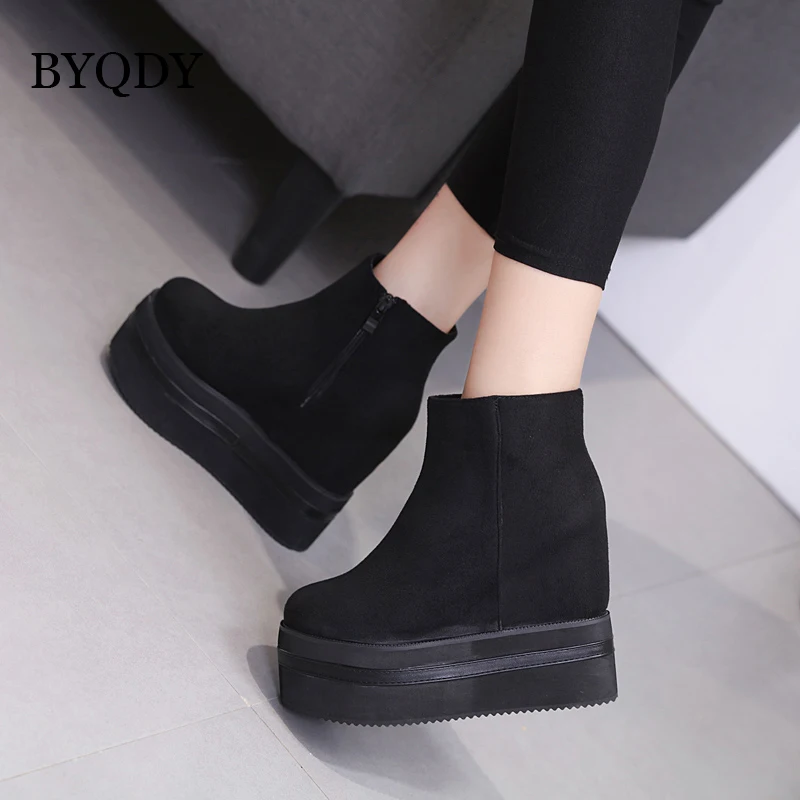 BYQDY Platform Woman Ankle Boots Thick Heels Winter Suede Round Toe Shoes Wedge High Heels Black Zipper Female Boots For Workers