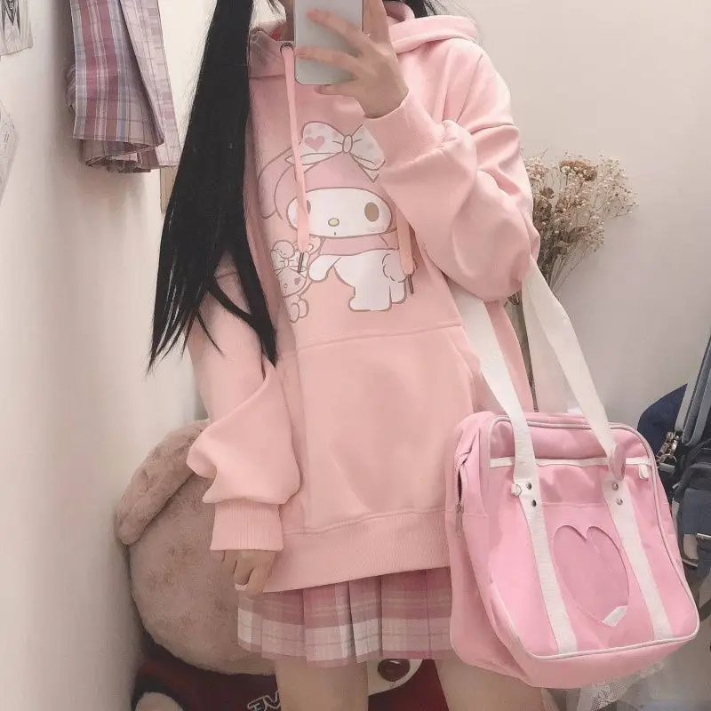 Japonês doce hoodies para meninas oversized moletom roupas primavera coreano dos desenhos animados impressão pulôver moletom com capuz feminino