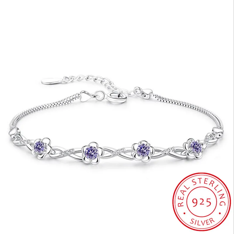 Pulseras de plata de ley 925 de lujo para mujer, brazaletes con flor de ciruelo de circonia blanca púrpura, S-B51