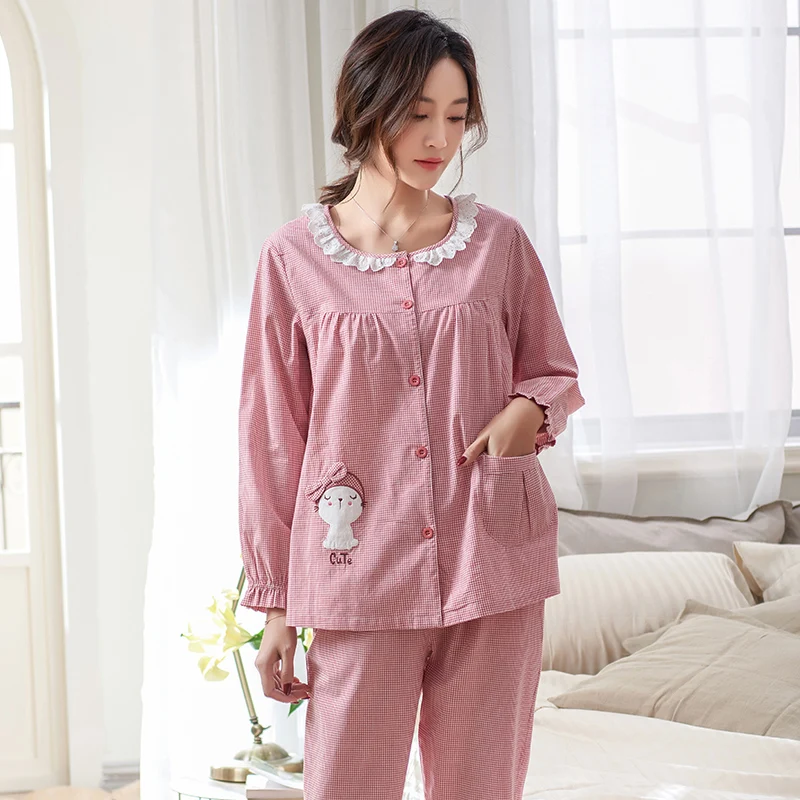 Woven Cotton Pajamas M-3XL Women Plaid Cartoon Pajamas for Women Spring Nightwear Pajama Set O-Neck Cardigan Pyjamas Loungewear