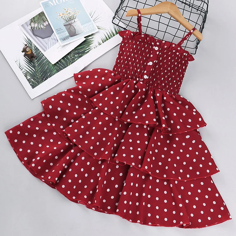 3-12Y Girls Polka-Dot Summer Dress Girls Sleeveless Suspender Dress Clothing Kids Chiffon  RED Princess Dresses Children Clothes