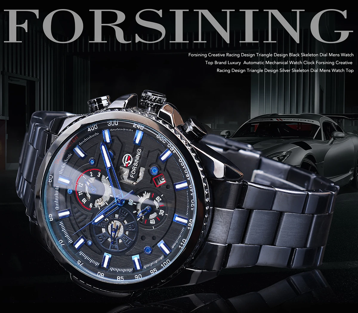 Forsining Black Automatic Self Wind Men Military Wrist Watches Waterproof 3 Dials Men's Mechanical Watch Calendar Clock Luminous