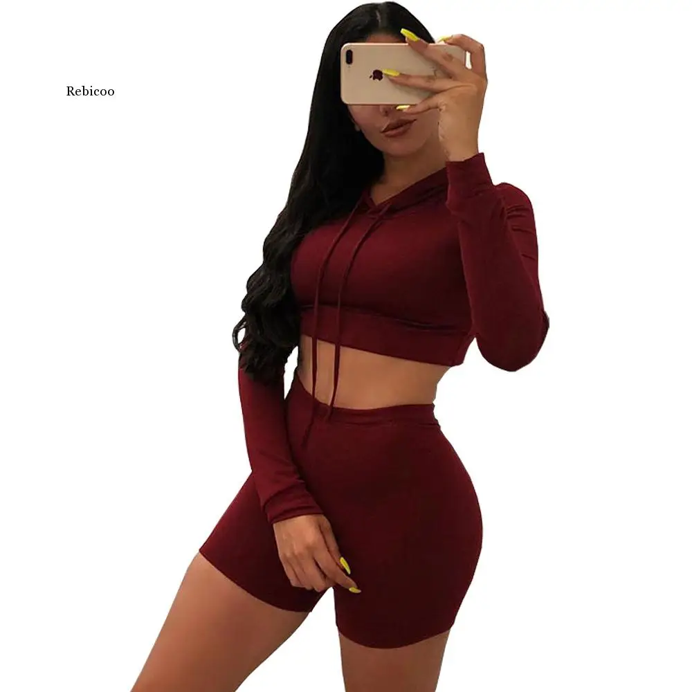 Fitness Solid Bandage Tracksuit Women Lounge Wear Hoodie Crop Top with Biker Shorts Two Piece Set Outfit Jogging Femme