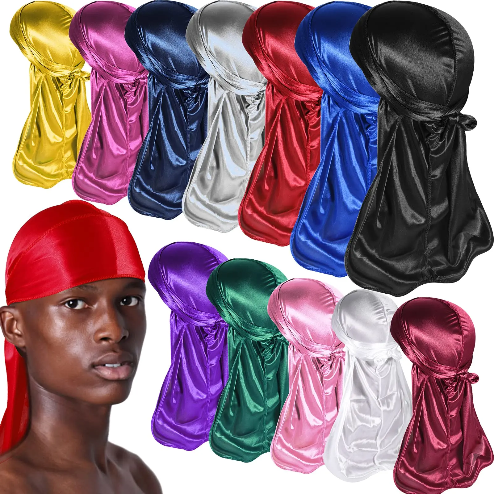 Gorros Durag de satén de seda de Color sólido, diademas suaves de colas largas, turbante, gorro con ondas, gorros, gorro para hombres, accesorios para el cabello