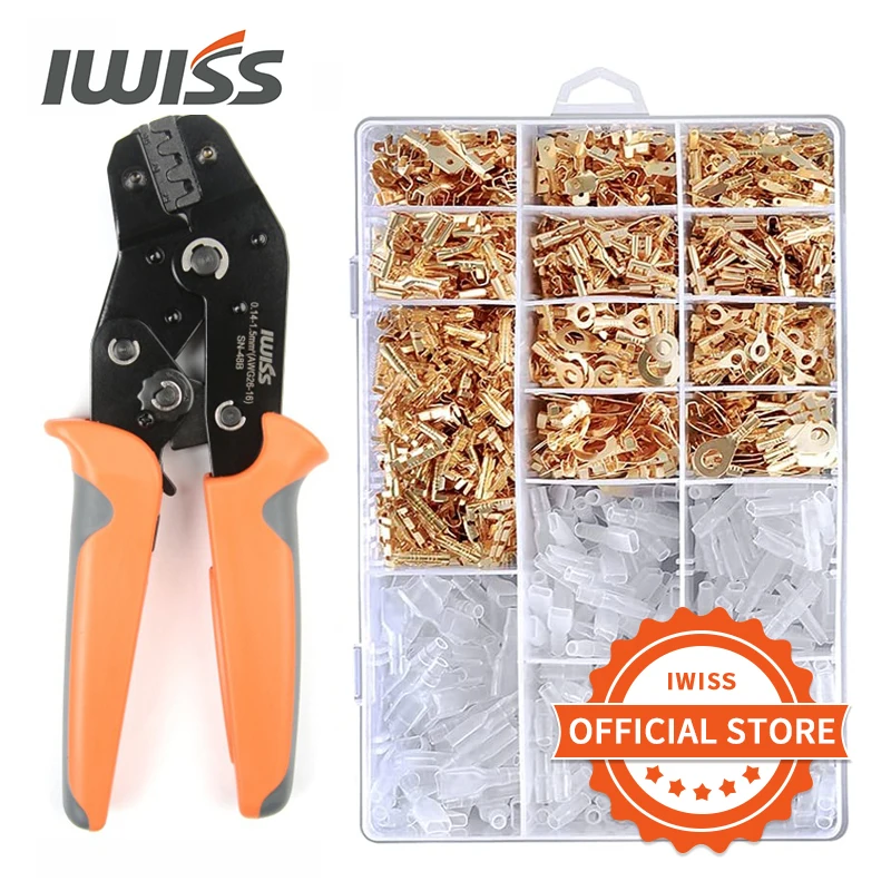 IWISS-Wire Crimping Plier com conectores de cabo Kit, Terminais Butt Set, mangas isoladas, Crimp Tool, 2.8mm, 4.8mm, 6.3mm, 1000Pcs, SN-48B