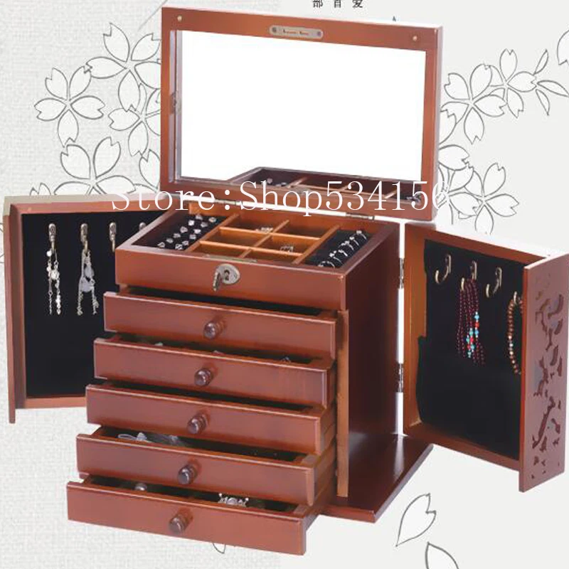 6layer Luxury fashion Wooden princess huge super jewelry  storage organizer box case casket wedding Mother birthday gift box