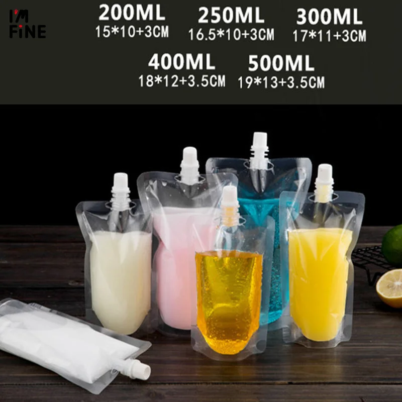 100 Pack, Stand-up Plastic Drink Packaging Bag Spout Pouch for Beverage Liquid Juice Milk Coffee