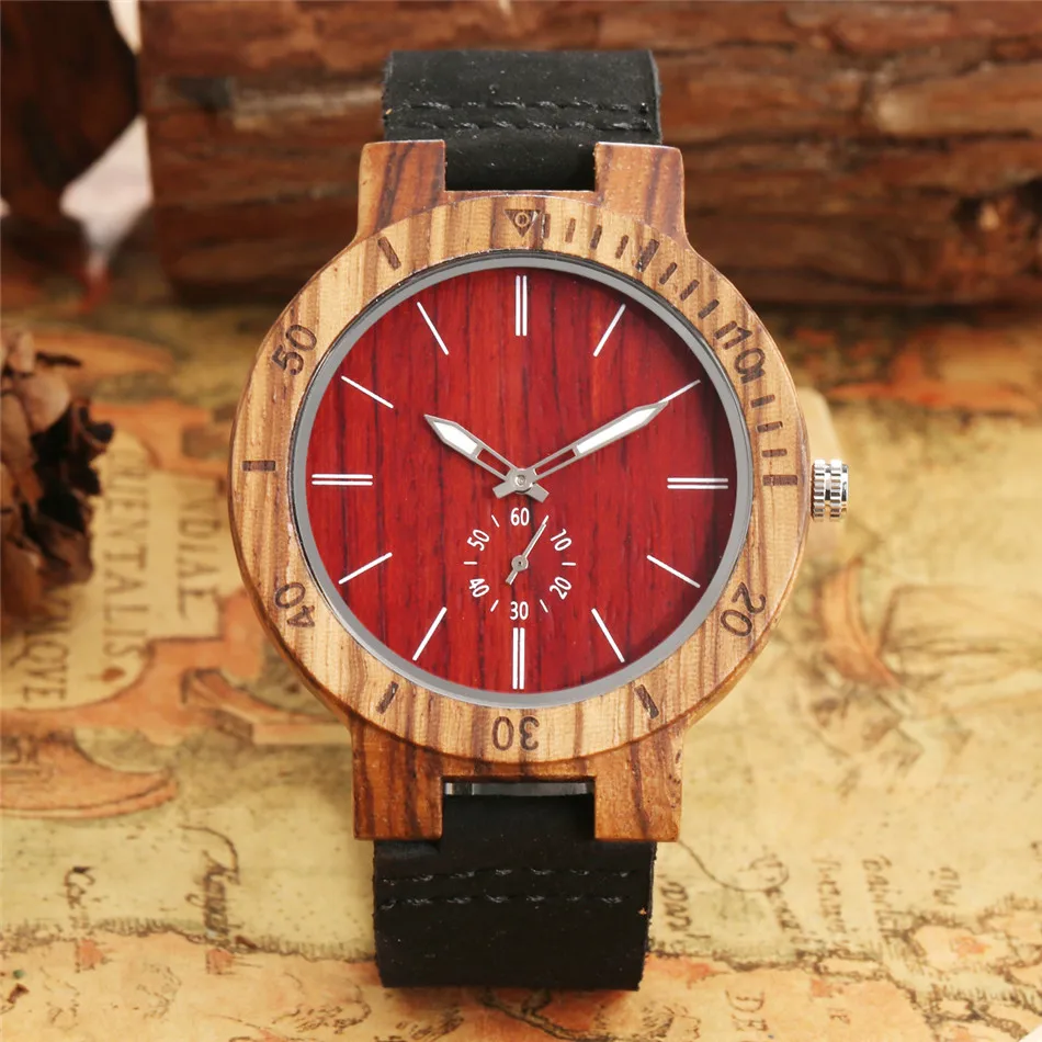 Luminous Pointer Zebrawood Watch for Men Quartz Wristwatch Genuine Leather Mens Watches Seconds Small Dial reloj masculino