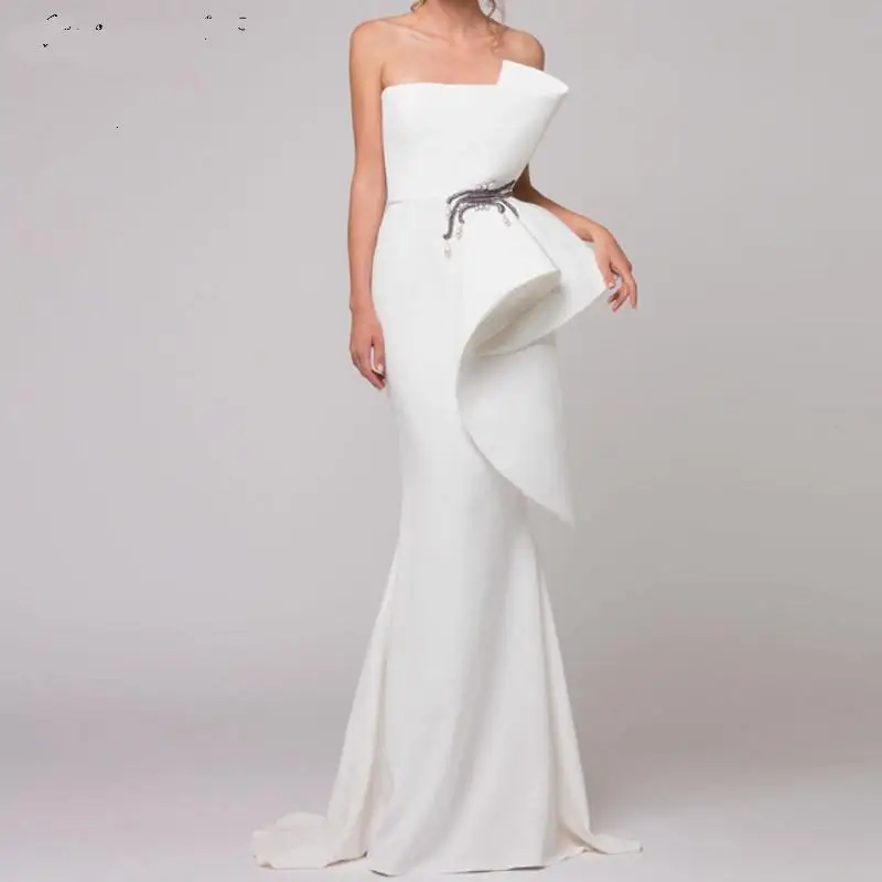 Customized Trumpet Elegant Formal Long Prom Evening Dress White Satin Off-The-Shoulder Irregular Shape Ruffles Beaded Party Gown