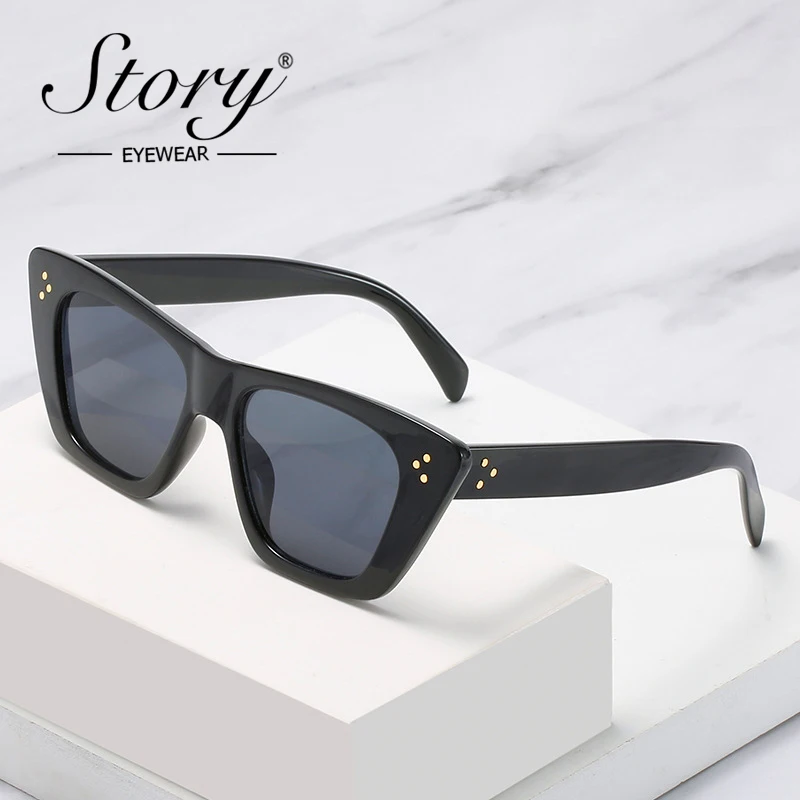 STORY Vintage Fashion Rivet Cat Eye Sunglasses Women Men Luxury Brand Design Trendy Blue Shades Retro Square Sun Glasses S20878G